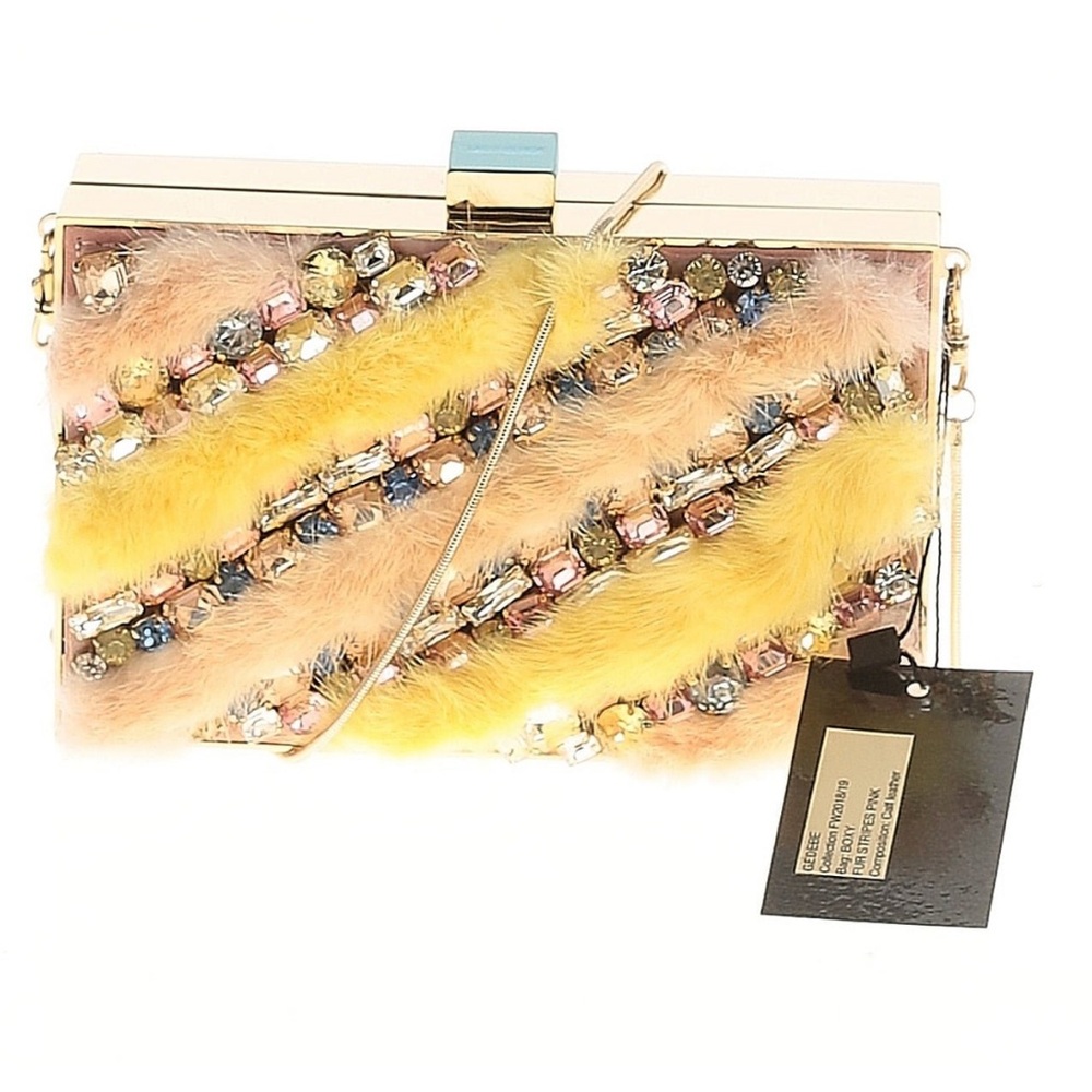 Gedebe Boxy Striped Fur Shoulder Bag with Crystal Embellishments NWT